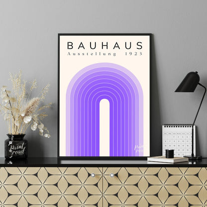 This poster exudes modern elegance with its concentric arch design in varying shades of purple, set… for office