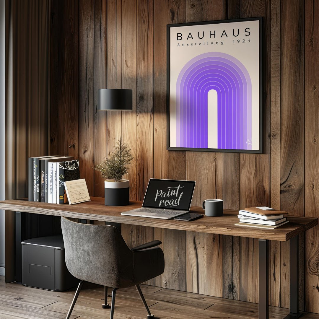 This poster exudes modern elegance with its concentric arch design in varying shades of purple, set… for office