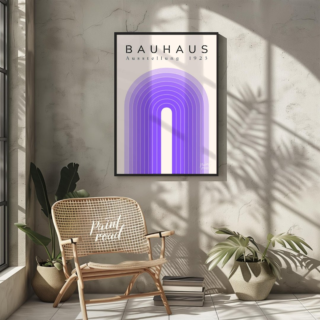 This poster exudes modern elegance with its concentric arch design in varying shades of purple, set… for other
