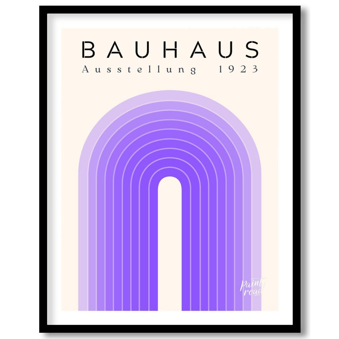 This poster exudes modern elegance with its concentric arch design in varying shades of purple, set… for space