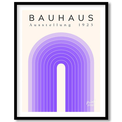 This poster exudes modern elegance with its concentric arch design in varying shades of purple, set… for space