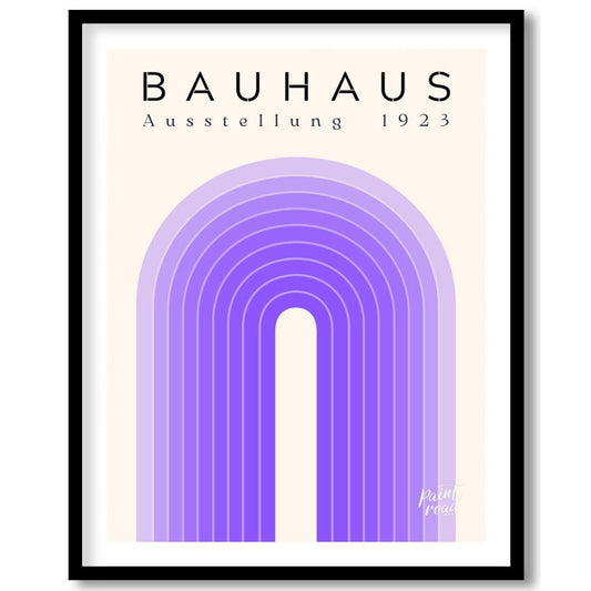 This poster exudes modern elegance with its concentric arch design in varying shades of purple, set… for space