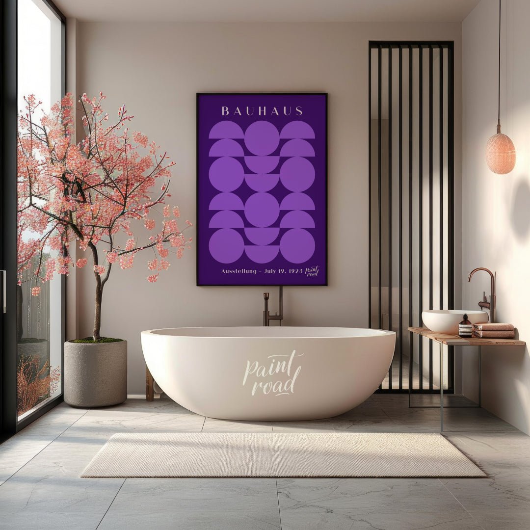 This poster offers a captivating interplay of geometric shapes in varying shades of purple against … for bathroom