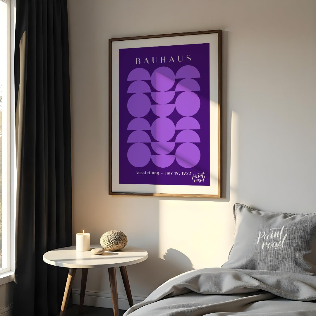 This poster offers a captivating interplay of geometric shapes in varying shades of purple against … for bedroom