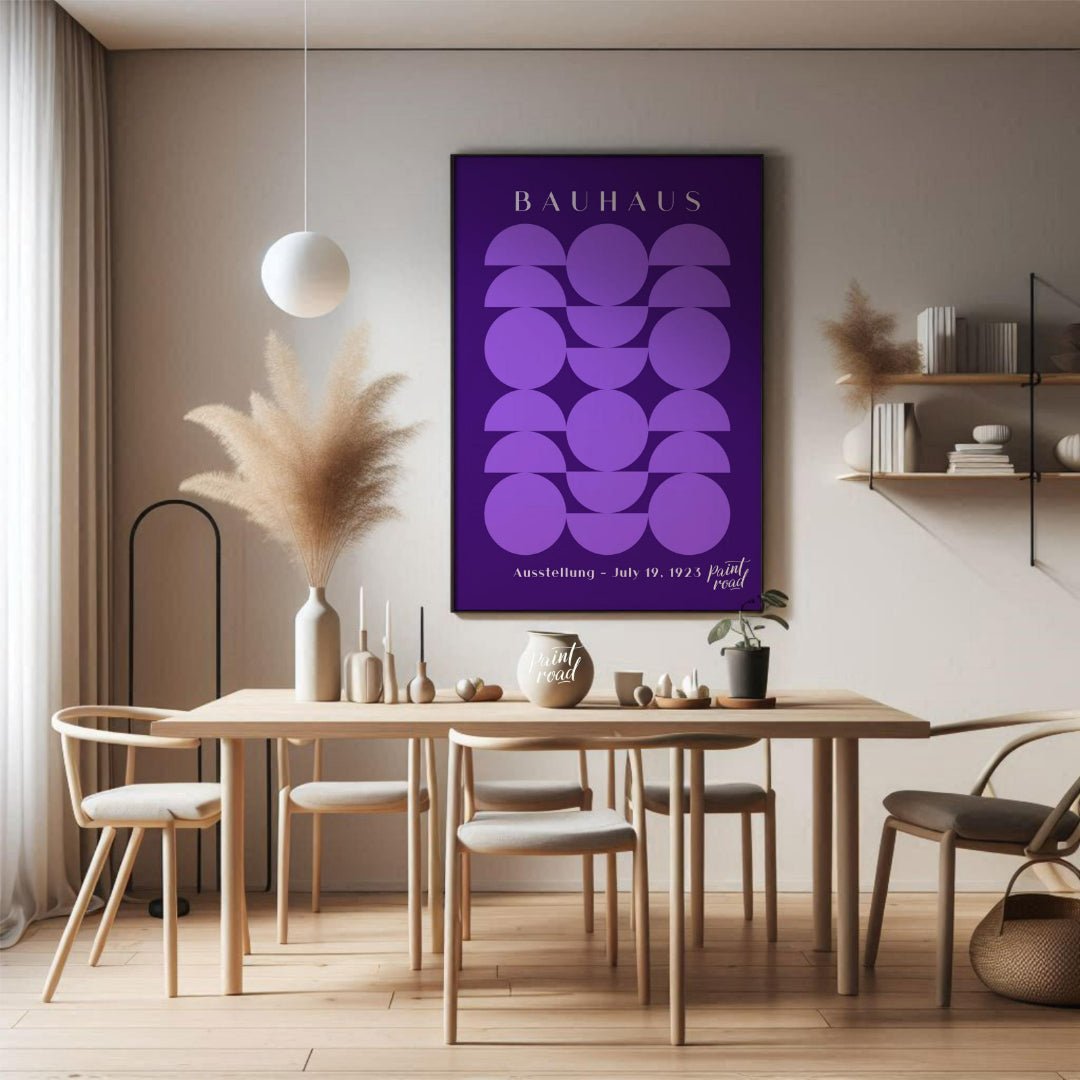 This poster offers a captivating interplay of geometric shapes in varying shades of purple against … for dining room