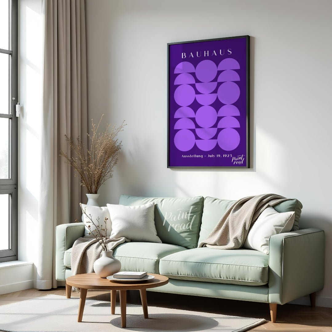 This poster offers a captivating interplay of geometric shapes in varying shades of purple against … for living room