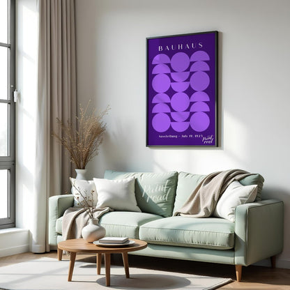 This poster offers a captivating interplay of geometric shapes in varying shades of purple against … for living room
