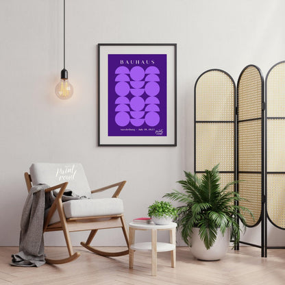This poster offers a captivating interplay of geometric shapes in varying shades of purple against … for living room