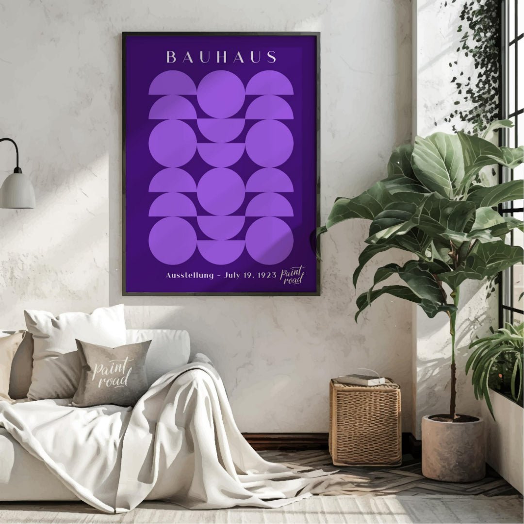 This poster offers a captivating interplay of geometric shapes in varying shades of purple against … for living room