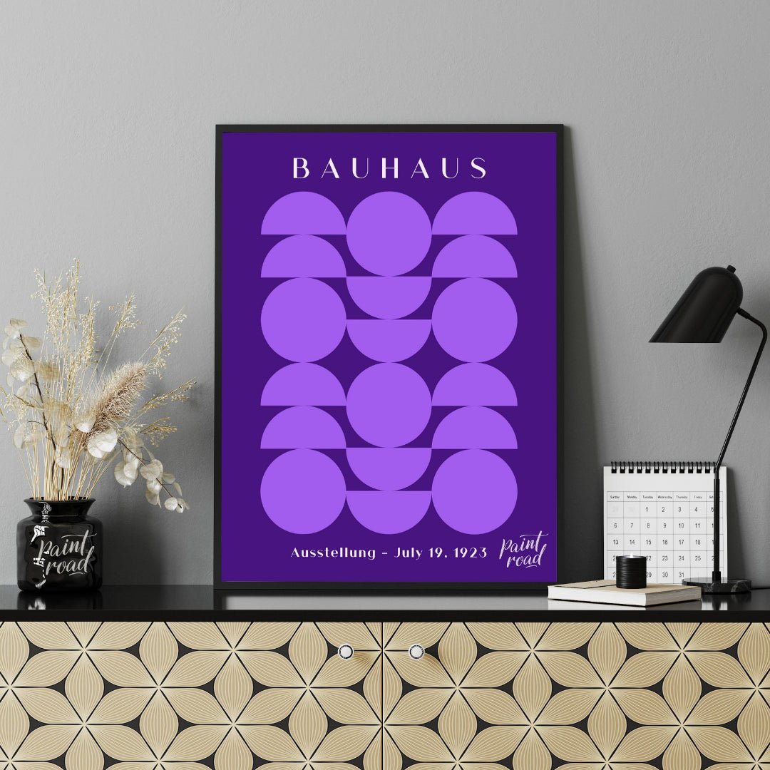 This poster offers a captivating interplay of geometric shapes in varying shades of purple against … for office