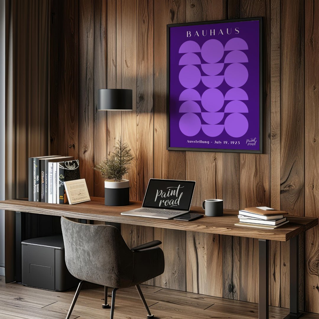This poster offers a captivating interplay of geometric shapes in varying shades of purple against … for office