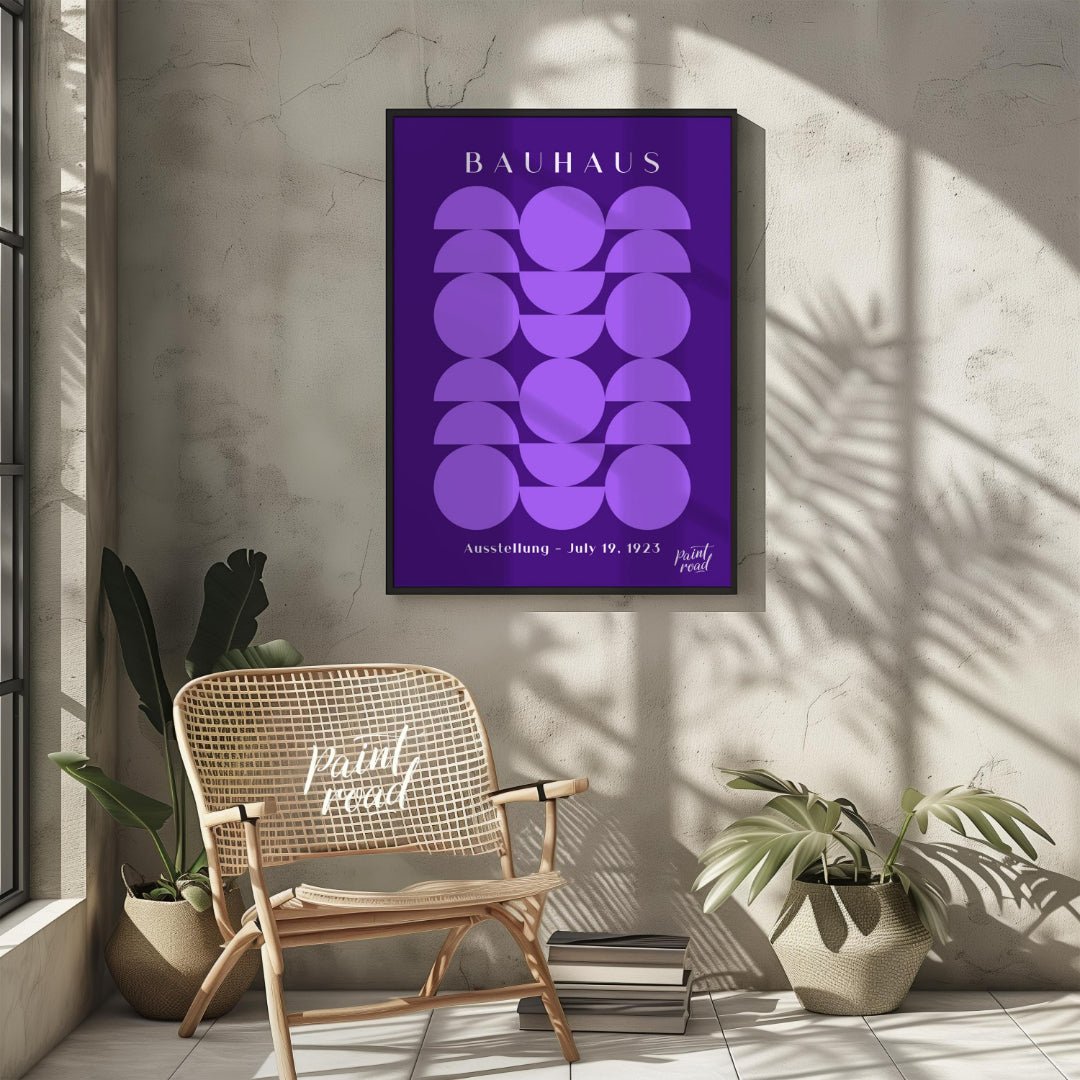 This poster offers a captivating interplay of geometric shapes in varying shades of purple against … for outdoor