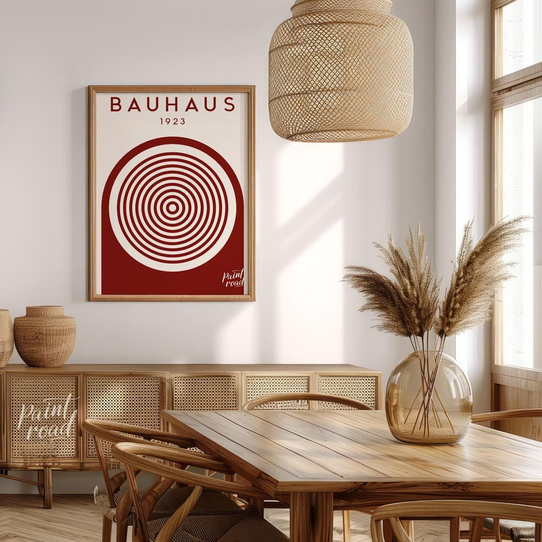 This striking digital artwork, titled "Bauhaus 1923 Concentric Circle Art," is a minimalist masterp… for dining room