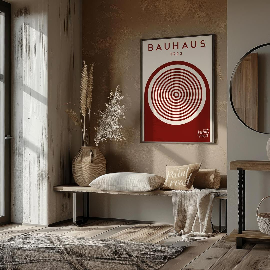 This striking digital artwork, titled "Bauhaus 1923 Concentric Circle Art," is a minimalist masterp… for entryway