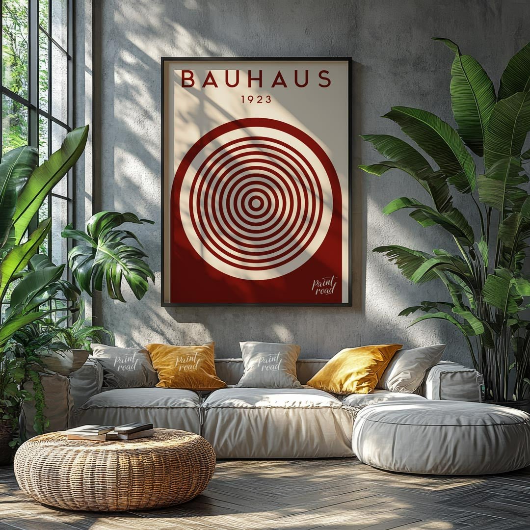 This striking digital artwork, titled "Bauhaus 1923 Concentric Circle Art," is a minimalist masterp… for living room