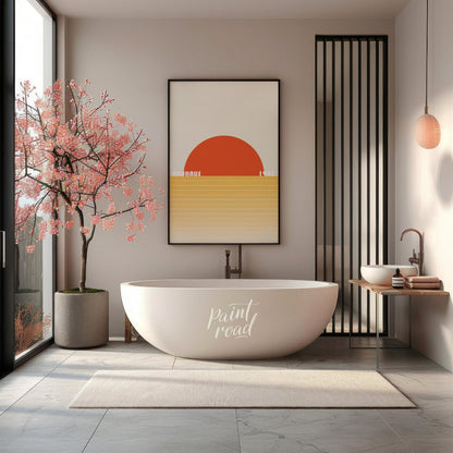 This striking Bauhaus poster from 1923 captures the essence of a minimalist landscape with a bold, … for bathroom