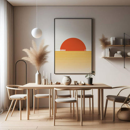 This striking Bauhaus poster from 1923 captures the essence of a minimalist landscape with a bold, … for dining room