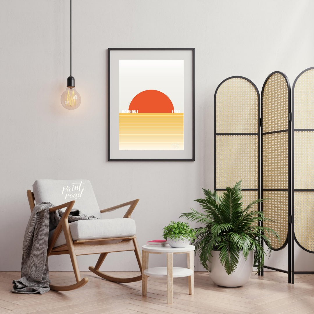 This striking Bauhaus poster from 1923 captures the essence of a minimalist landscape with a bold, … for living room