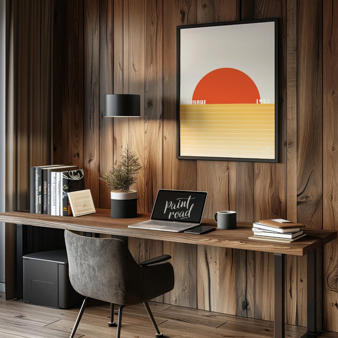 This striking Bauhaus poster from 1923 captures the essence of a minimalist landscape with a bold, … for office