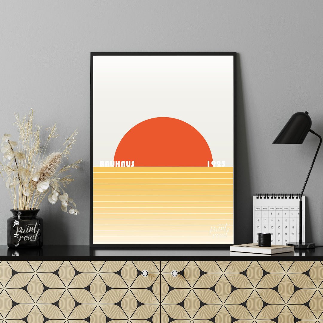 This striking Bauhaus poster from 1923 captures the essence of a minimalist landscape with a bold, … for office