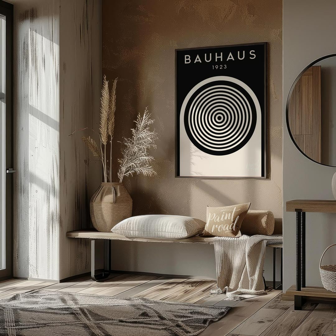This compelling digital print, titled "Bauhaus 1923 Concentric Circle Op Art," is a masterful fusio… for entryway