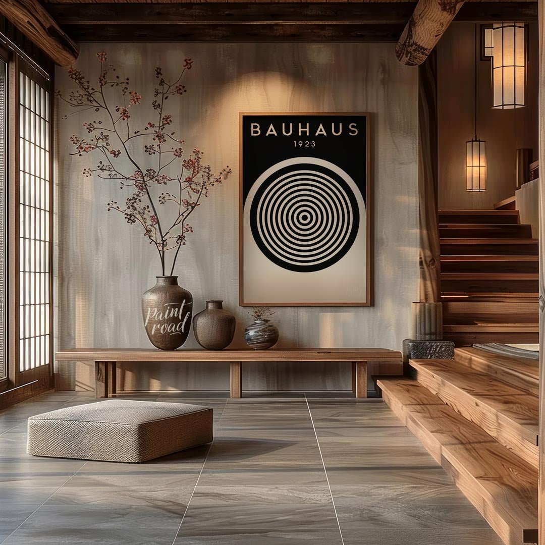 This compelling digital print, titled "Bauhaus 1923 Concentric Circle Op Art," is a masterful fusio… for entryway