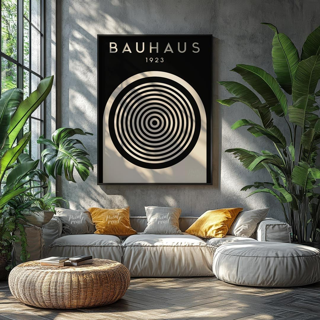 This compelling digital print, titled "Bauhaus 1923 Concentric Circle Op Art," is a masterful fusio… for living room