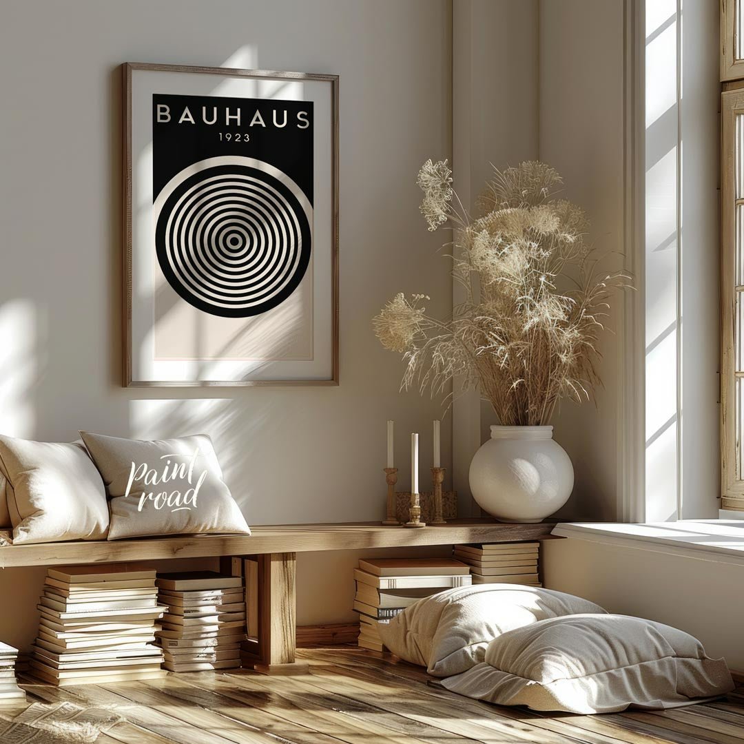 This compelling digital print, titled "Bauhaus 1923 Concentric Circle Op Art," is a masterful fusio… for living room