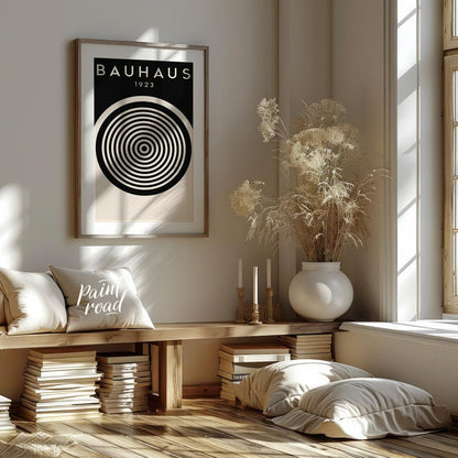 This compelling digital print, titled "Bauhaus 1923 Concentric Circle Op Art," is a masterful fusio… for living room