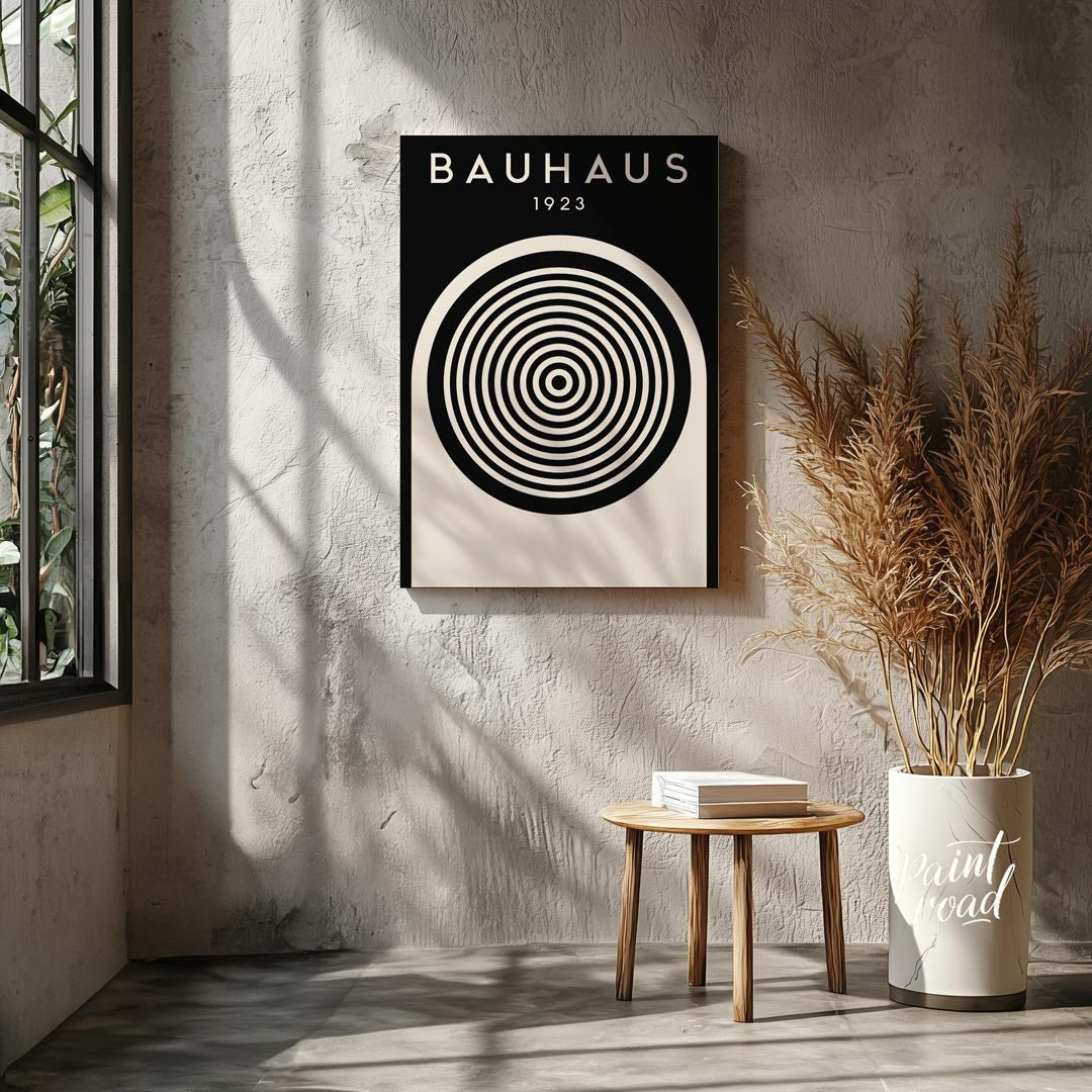 This compelling digital print, titled "Bauhaus 1923 Concentric Circle Op Art," is a masterful fusio… for living room