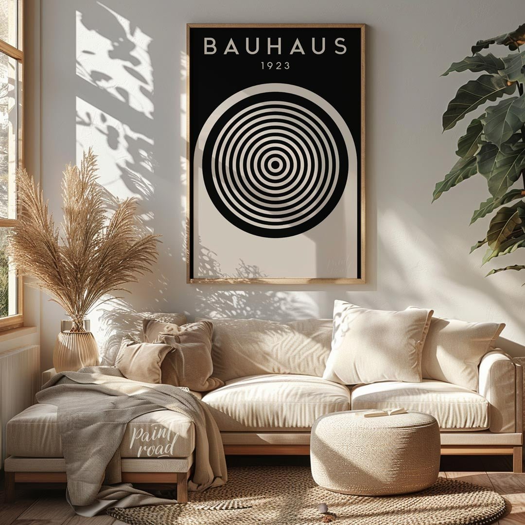 This compelling digital print, titled "Bauhaus 1923 Concentric Circle Op Art," is a masterful fusio… for living room