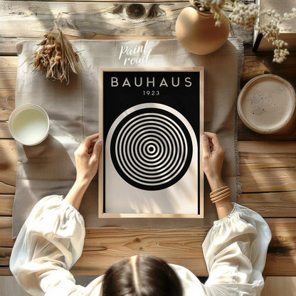 This compelling digital print, titled "Bauhaus 1923 Concentric Circle Op Art," is a masterful fusio… for other