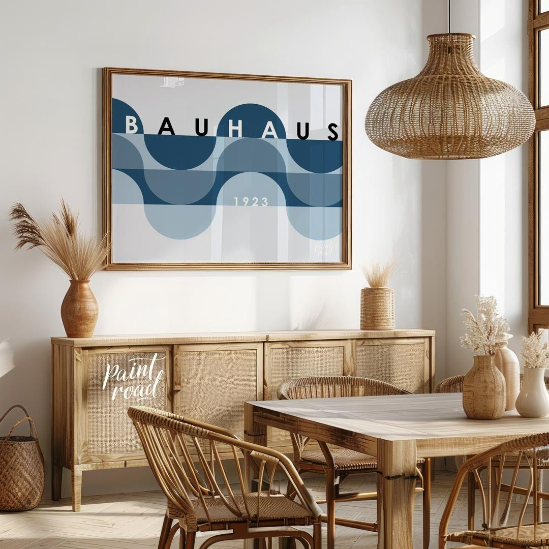 This serene Bauhaus-inspired poster presents a serene and elegant composition featuring overlapping… for dining room