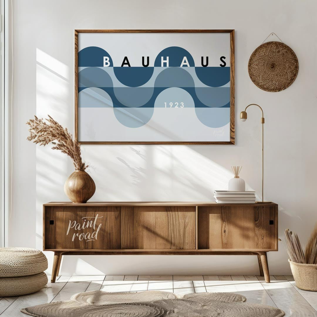 This serene Bauhaus-inspired poster presents a serene and elegant composition featuring overlapping… for living room