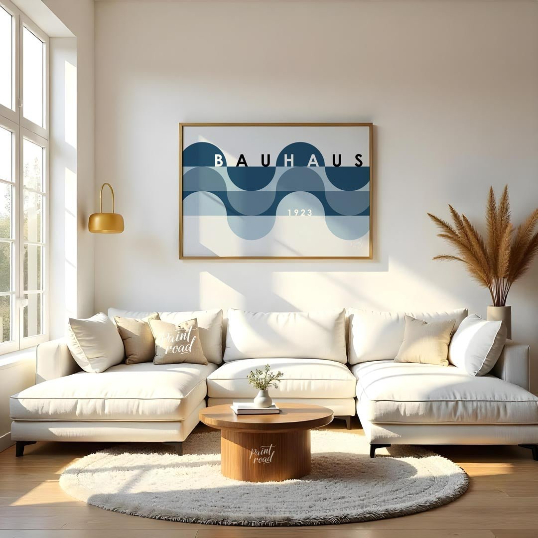 This serene Bauhaus-inspired poster presents a serene and elegant composition featuring overlapping… for living room