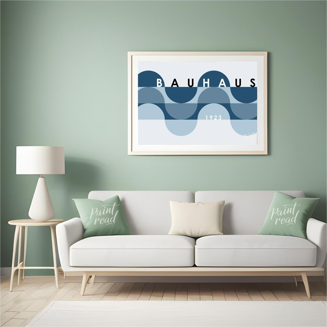 This serene Bauhaus-inspired poster presents a serene and elegant composition featuring overlapping… for living room