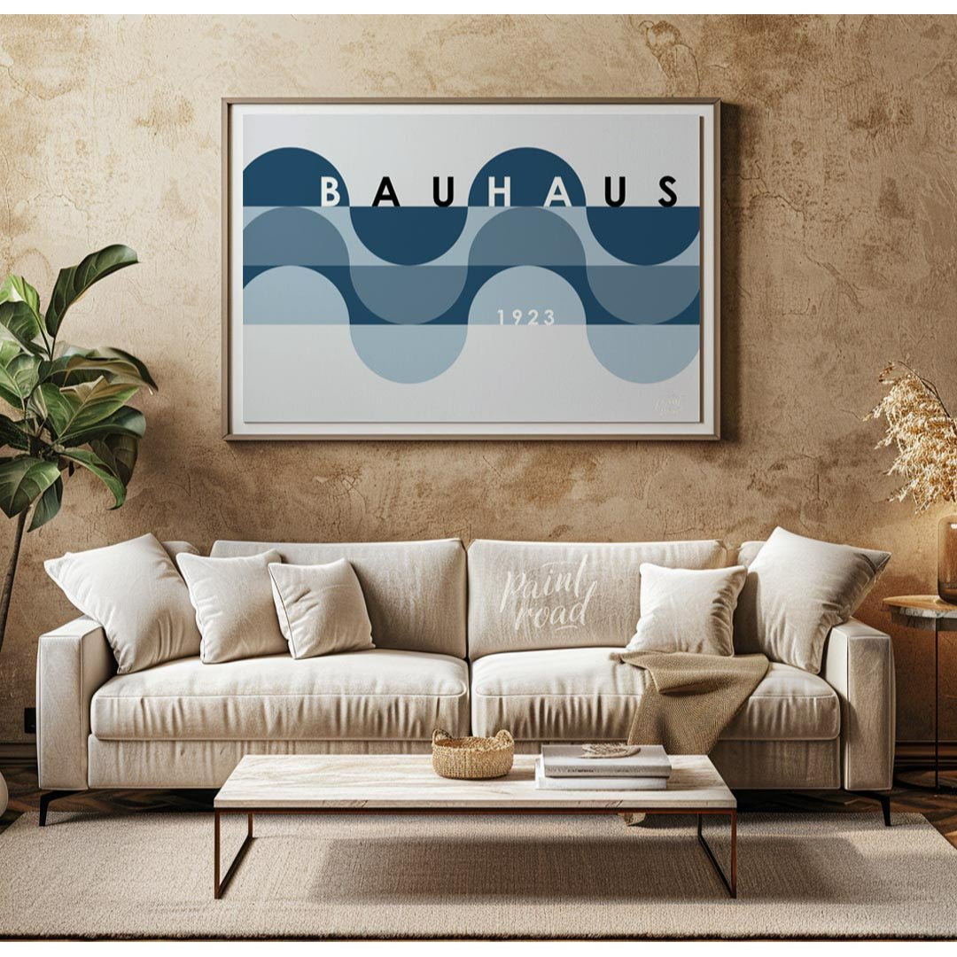 This serene Bauhaus-inspired poster presents a serene and elegant composition featuring overlapping… for living room