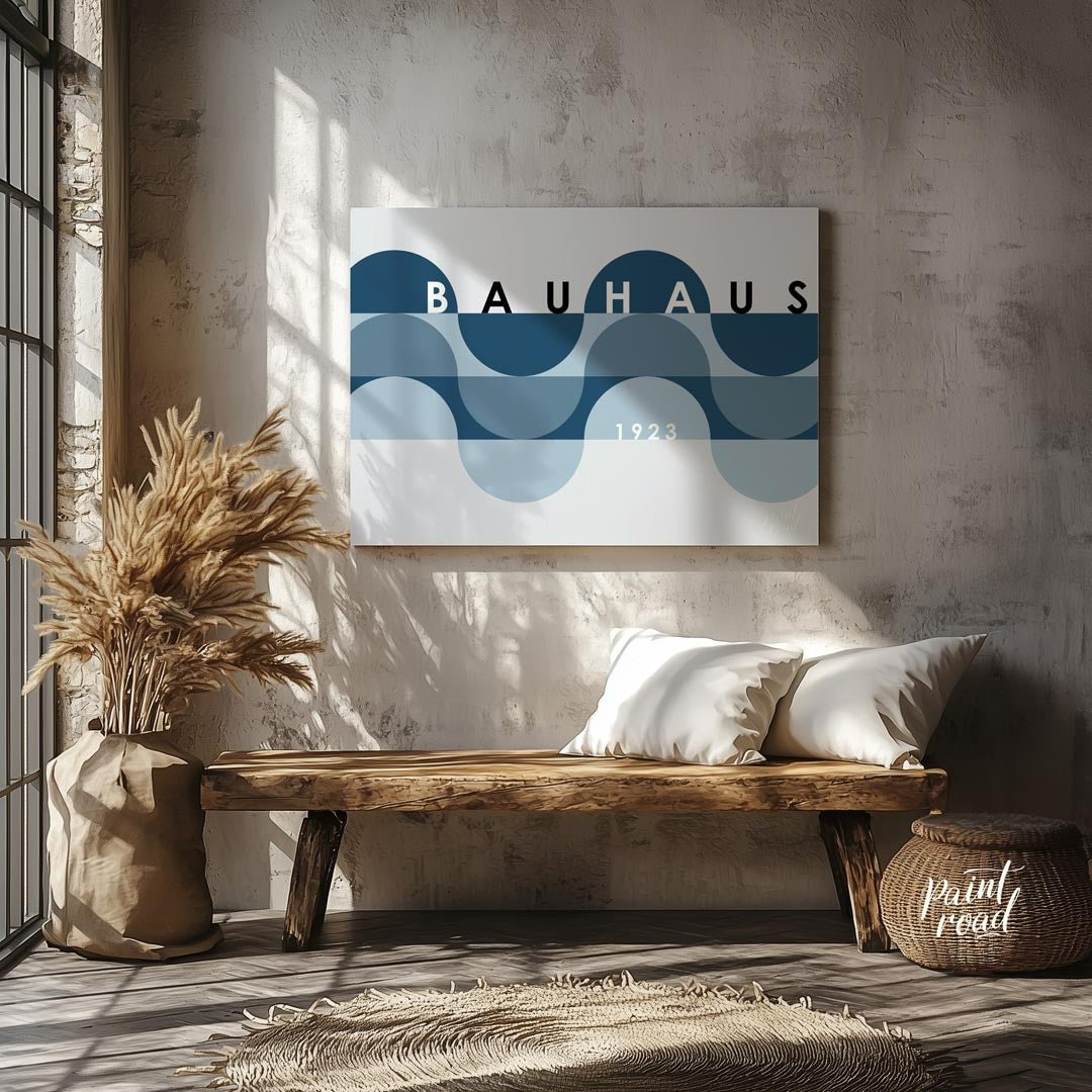 This serene Bauhaus-inspired poster presents a serene and elegant composition featuring overlapping… for living room