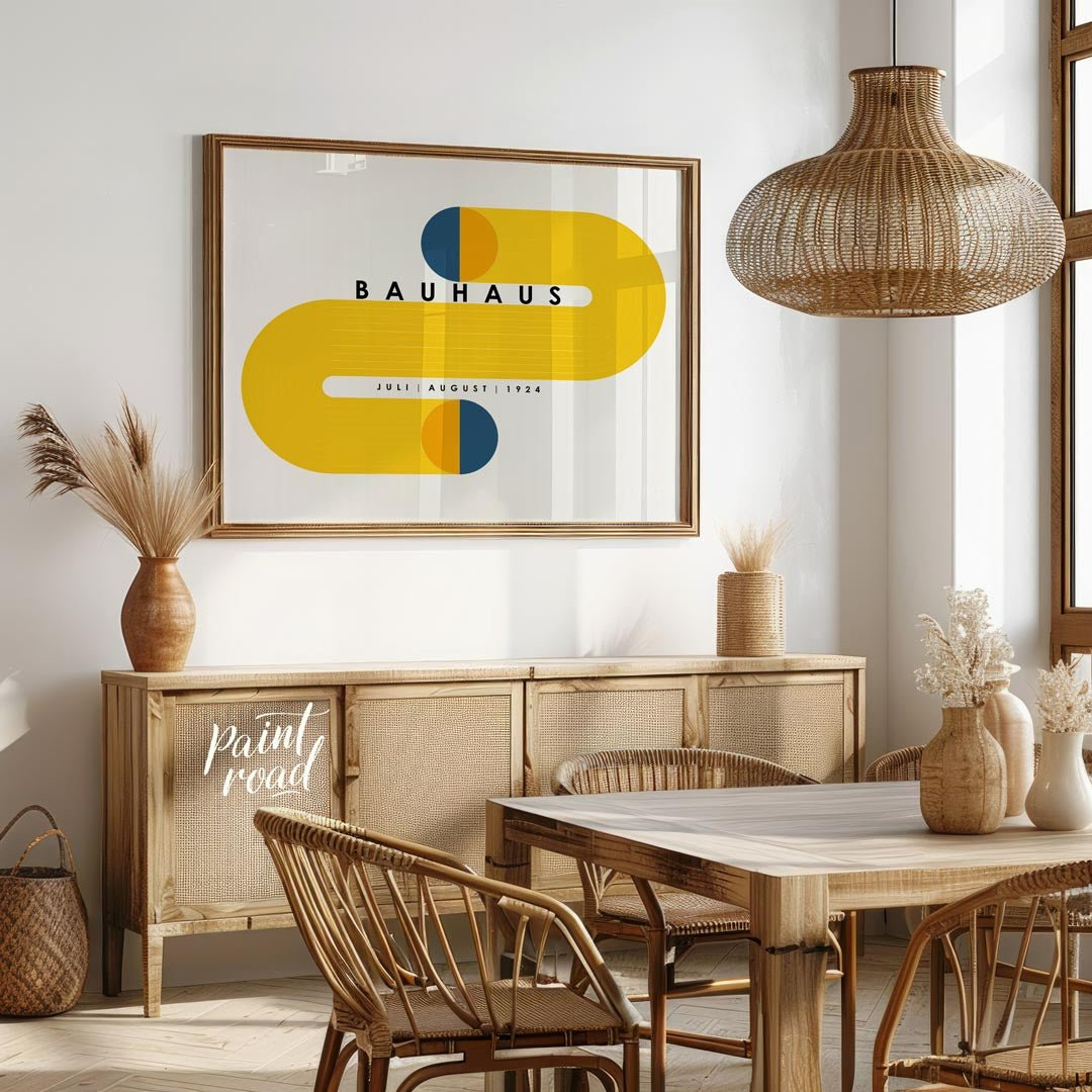 This compelling Bauhaus-inspired poster features a striking and symmetrical design centered around … for dining room