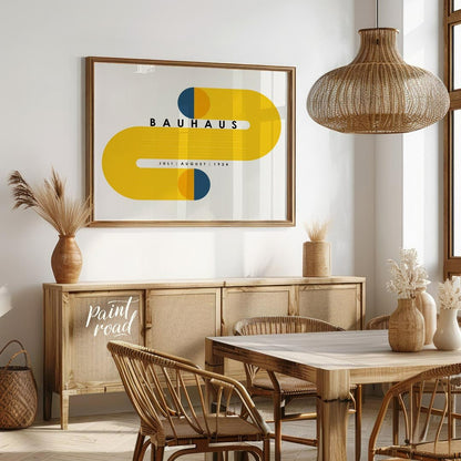 This compelling Bauhaus-inspired poster features a striking and symmetrical design centered around … for dining room