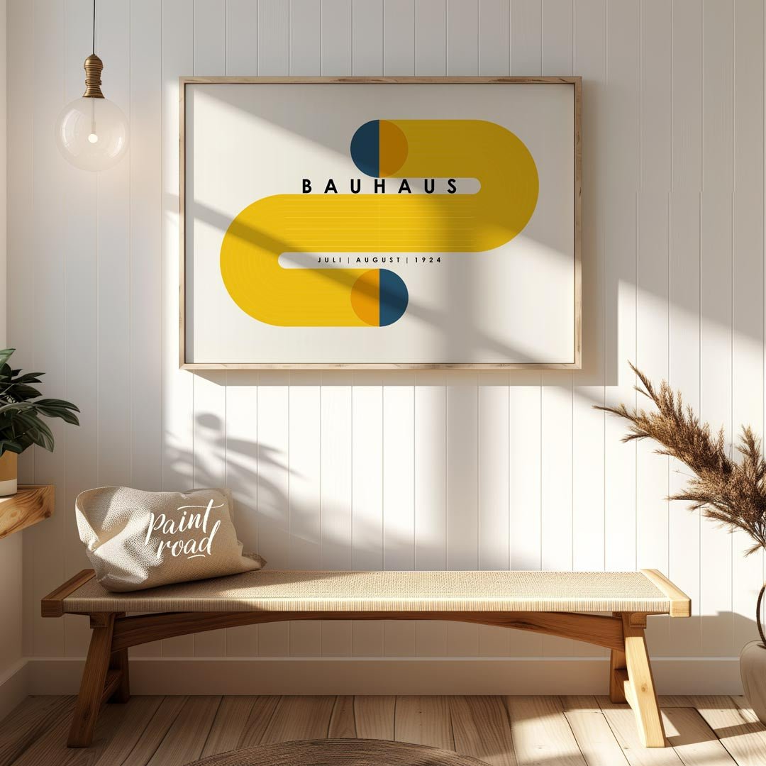 This compelling Bauhaus-inspired poster features a striking and symmetrical design centered around … for entryway