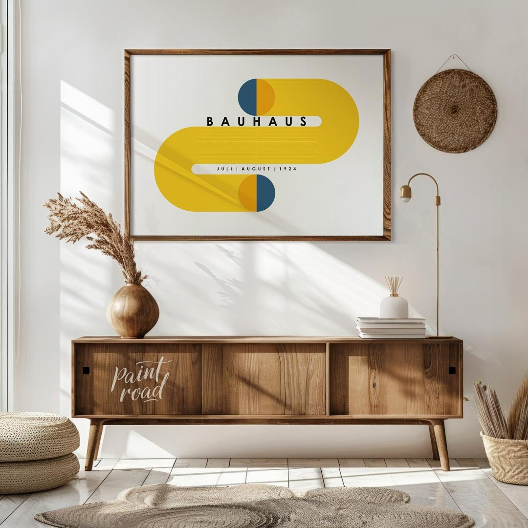 This compelling Bauhaus-inspired poster features a striking and symmetrical design centered around … for living room