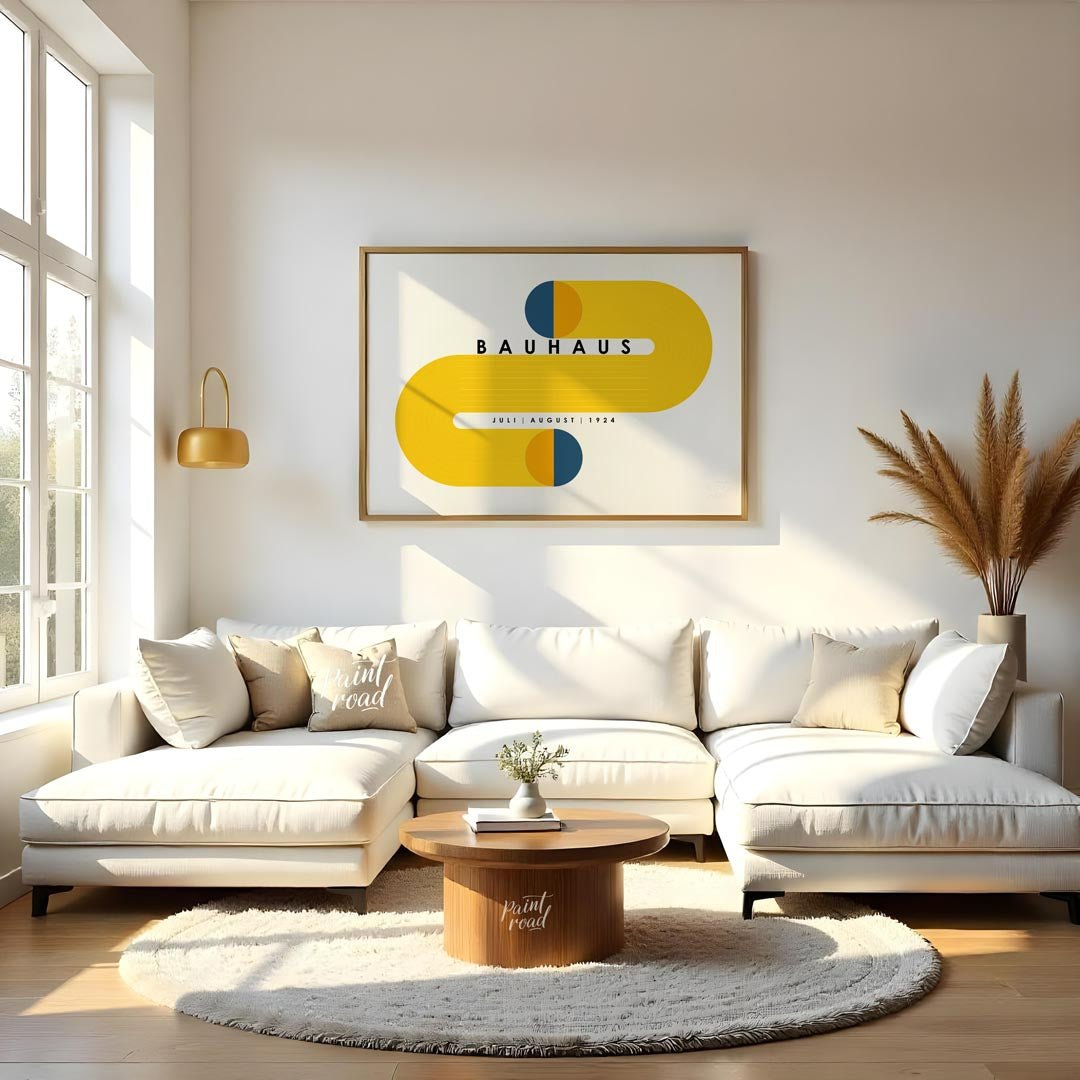 This compelling Bauhaus-inspired poster features a striking and symmetrical design centered around … for living room