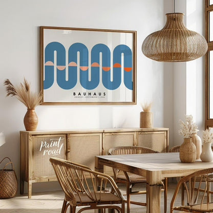 This elegant Bauhaus-inspired poster features a prominent, continuous wavy band rendered in a sooth… for dining room