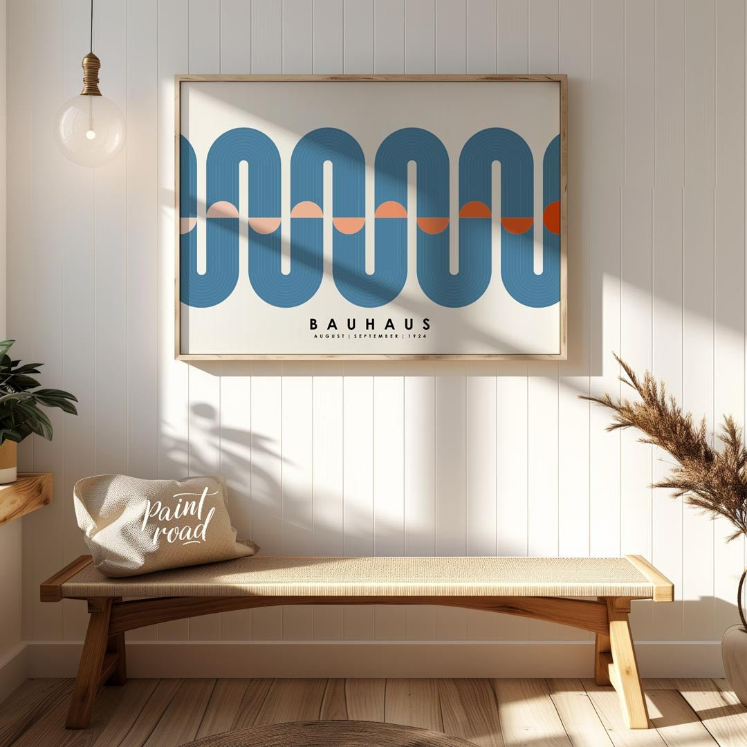 This elegant Bauhaus-inspired poster features a prominent, continuous wavy band rendered in a sooth… for entryway