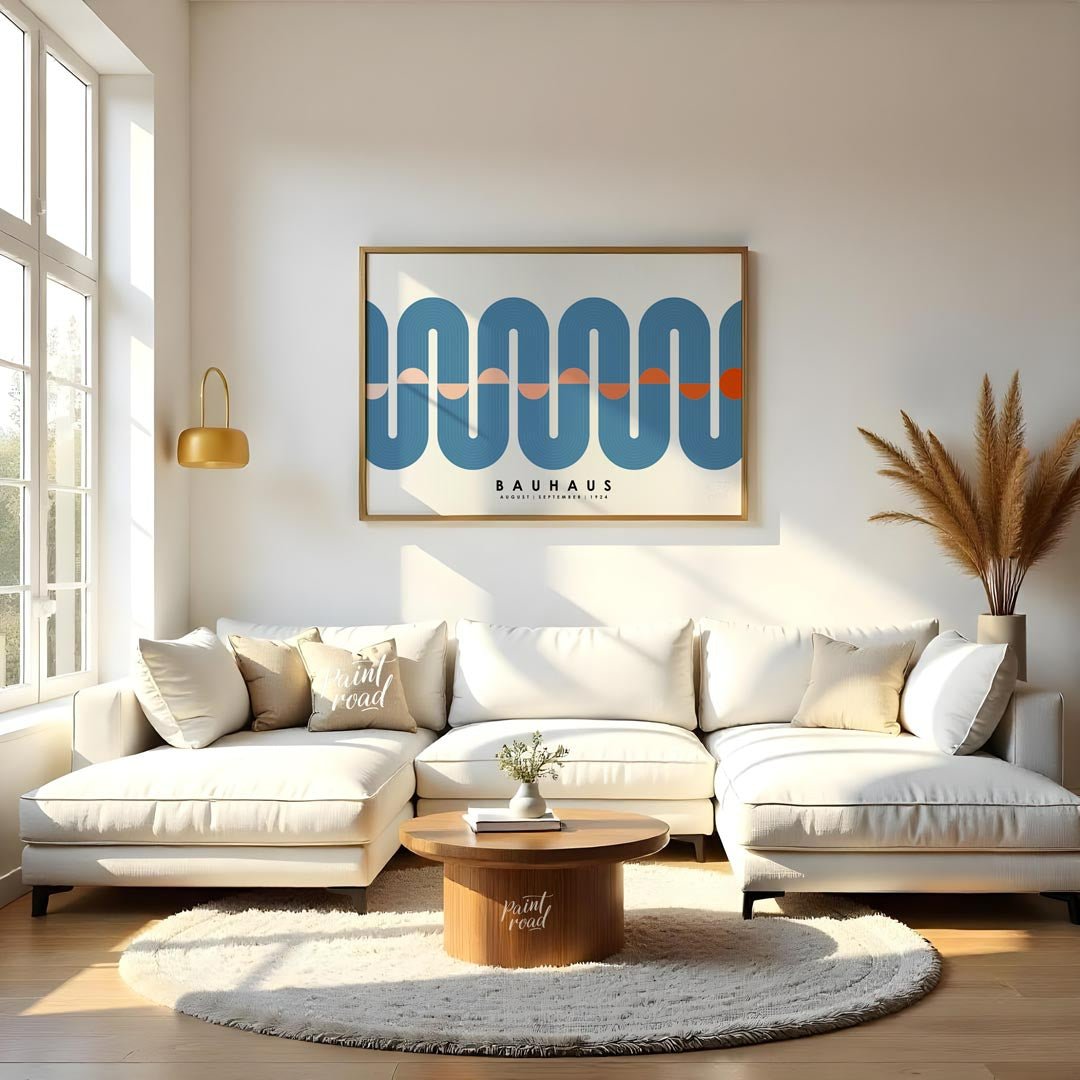 This elegant Bauhaus-inspired poster features a prominent, continuous wavy band rendered in a sooth… for living room