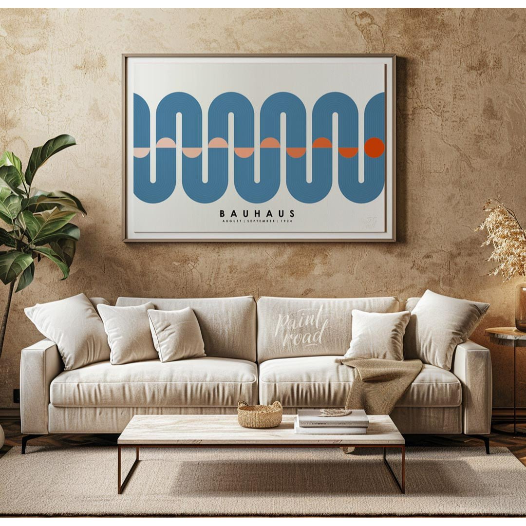 This elegant Bauhaus-inspired poster features a prominent, continuous wavy band rendered in a sooth… for living room