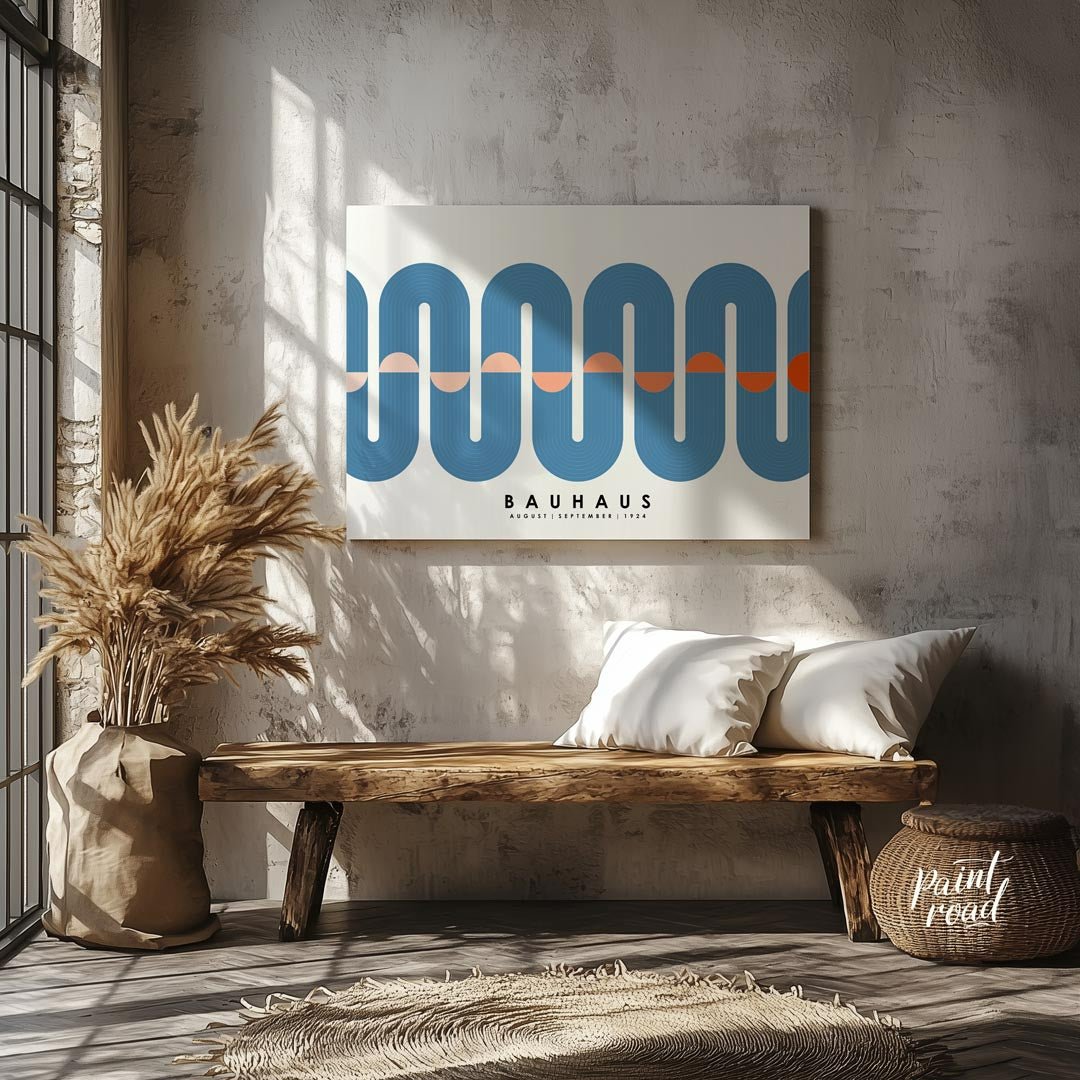 This elegant Bauhaus-inspired poster features a prominent, continuous wavy band rendered in a sooth… for living room