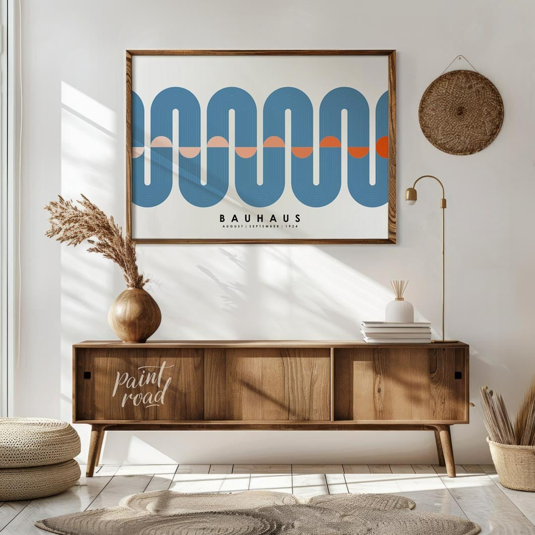 This elegant Bauhaus-inspired poster features a prominent, continuous wavy band rendered in a sooth… for living room