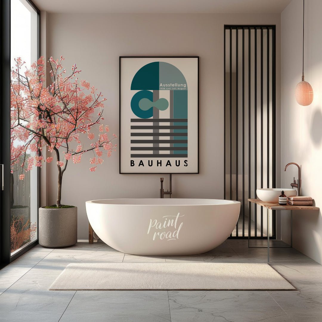 This Bauhaus exhibition poster from June, July, August 1928, presents a sophisticated composition o… for bathroom